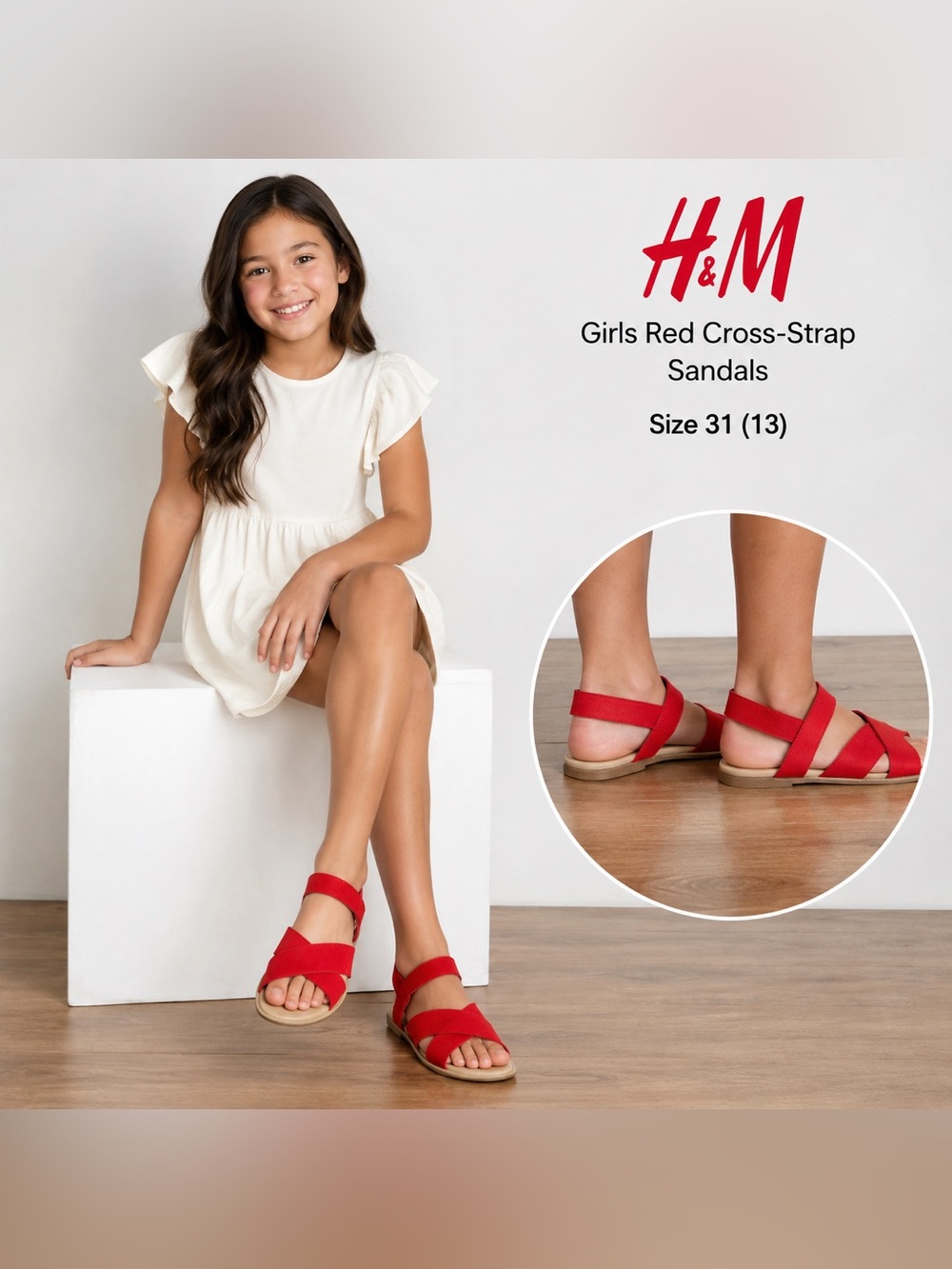 H&M Girls Red Cross-Strap casual coastal fashion chic Sandals Red Size 31 / US 1